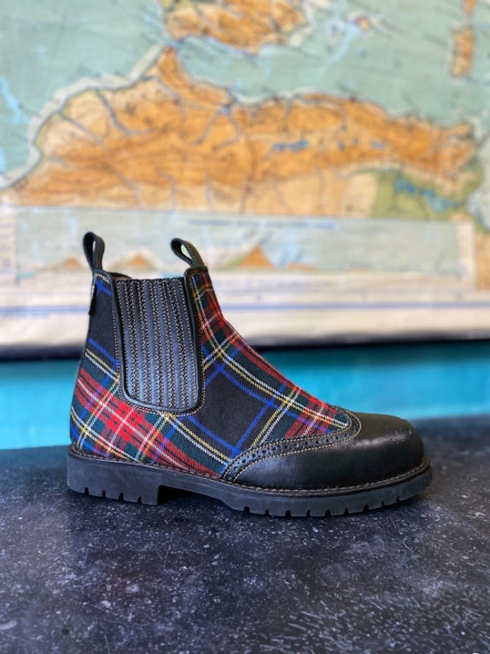 Penelope Chilvers Vintage Plaid Tartan Red Black Leather Chelsea Boots
